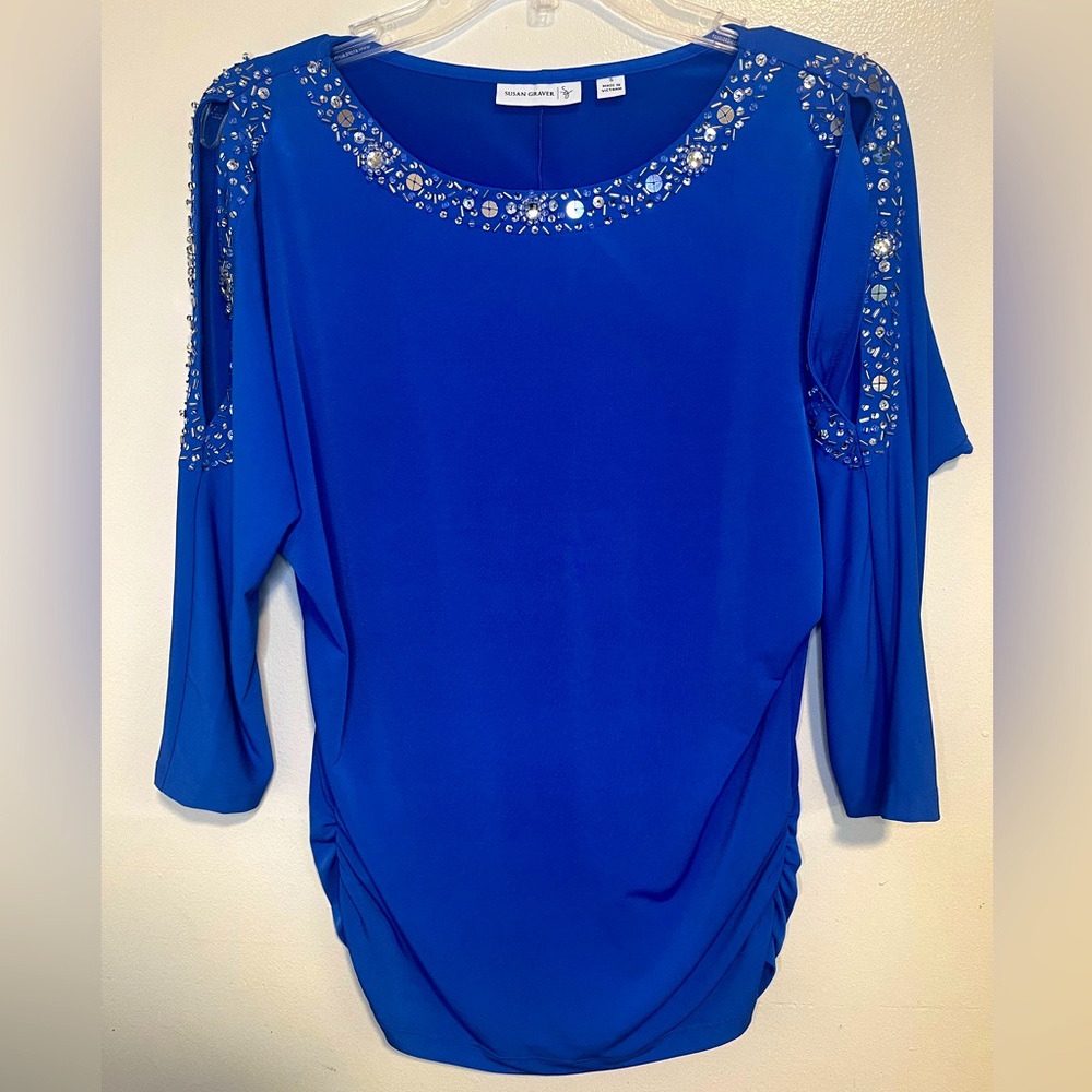 Susan Graver 3/4 Sleeve Beaded embellished peek a boo shoulder blouse S